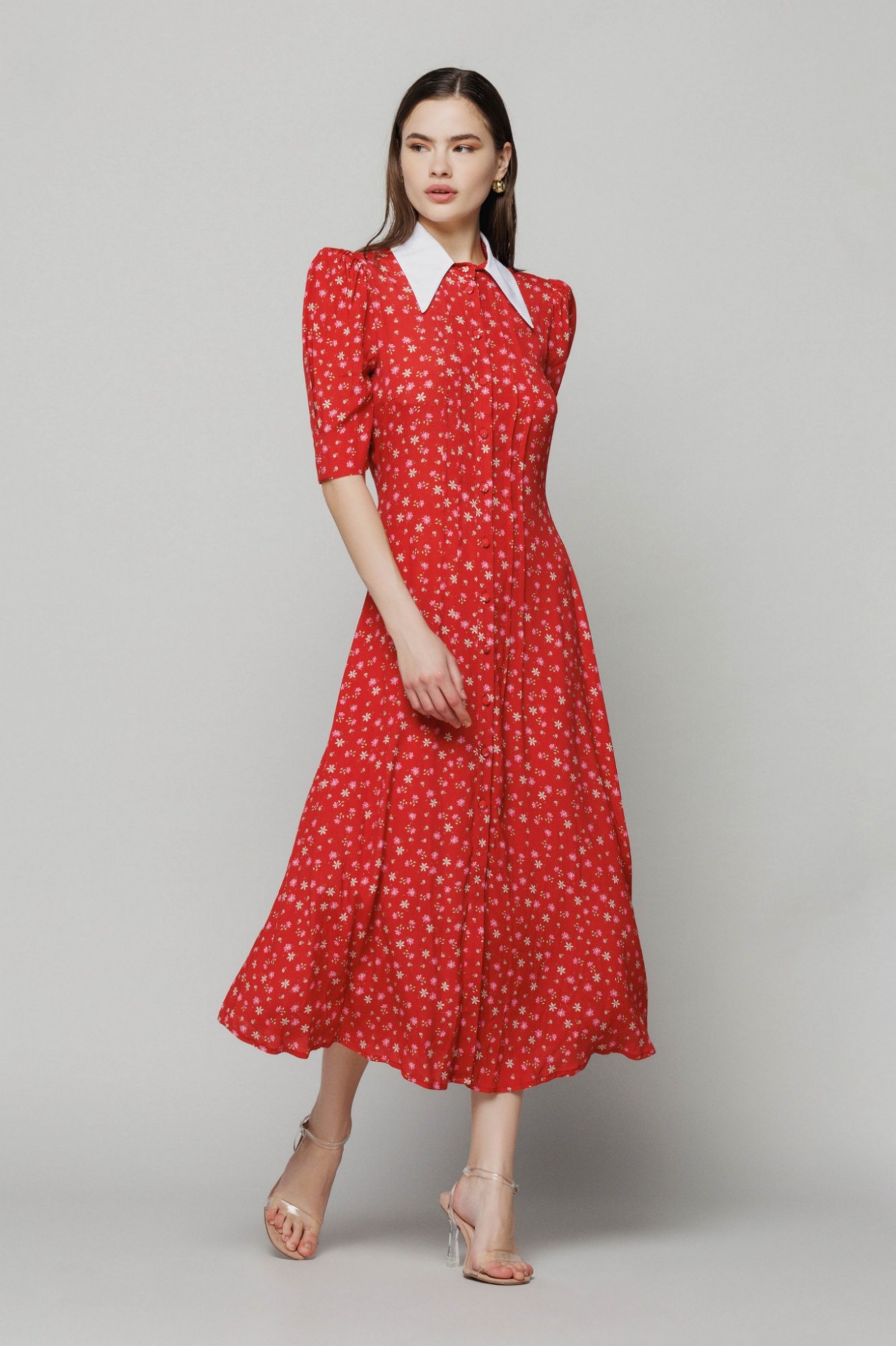 Catharine - abito chemisier in crepe midi con detttaglio collo • Margaritas rouge