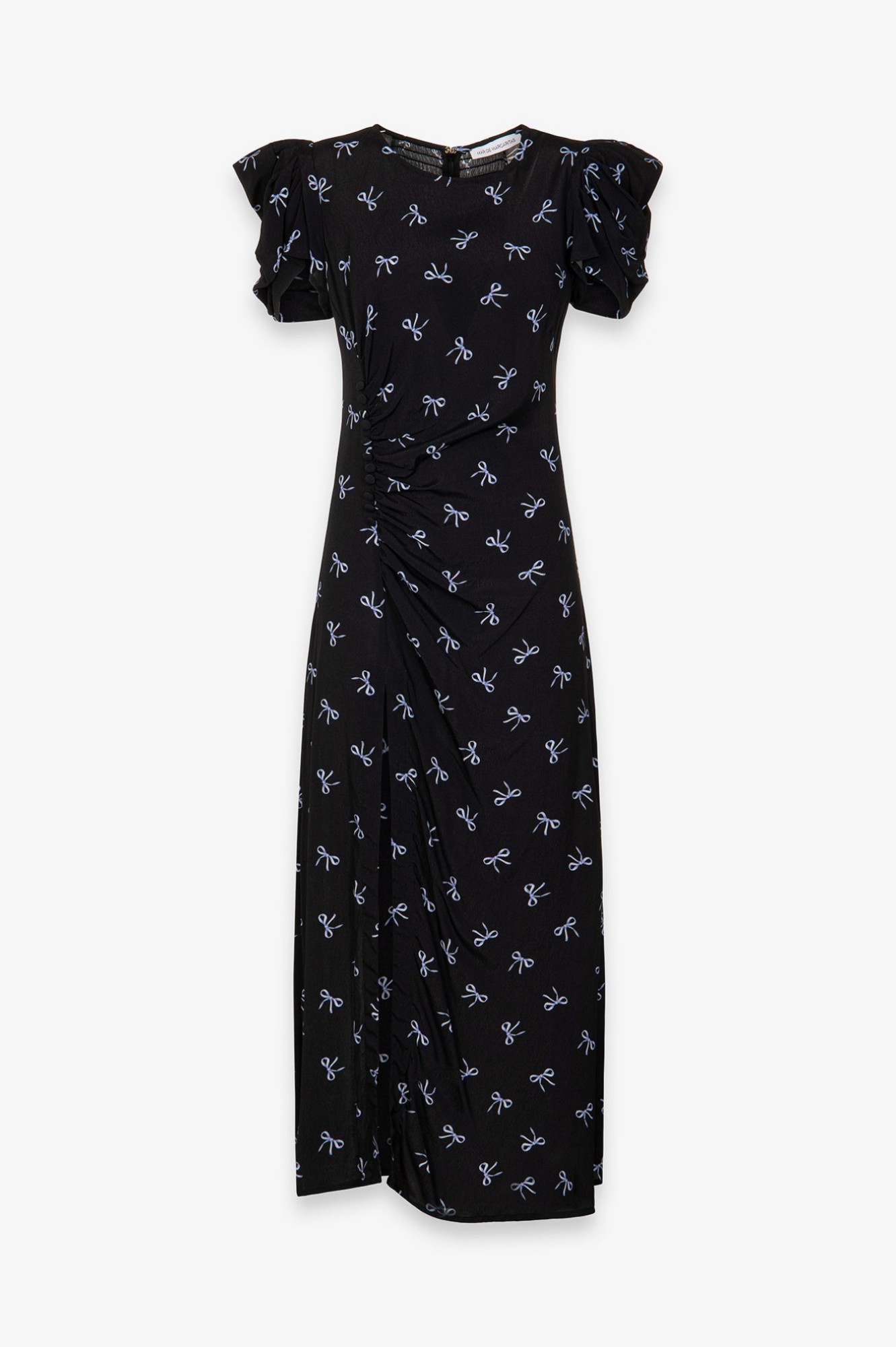 Kristel - Abito Midi Con Drappeggio E Bottoncini In Crepe Con Spacco Laterale • Fiocco Nero