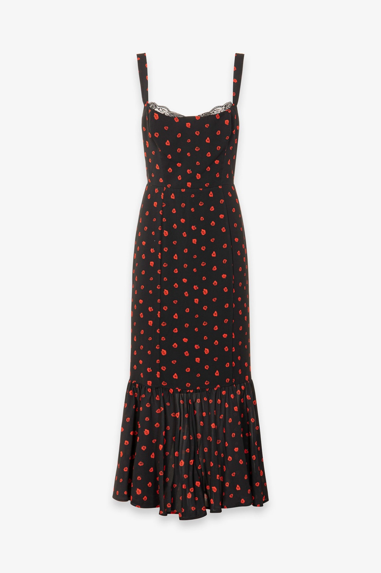 Denise - Abito Lungo In Georgette Con Spallina Larga, Scollo A Cuore E Fondo Balza Arricciata • Rose Nero