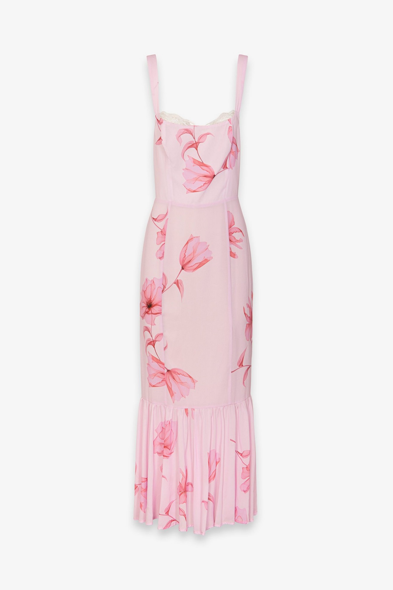 Denise - Abito Lungo In Georgette Con Spallina Larga, Scollo A Cuore E Fondo Balza Arricciata • Lotus Rosa