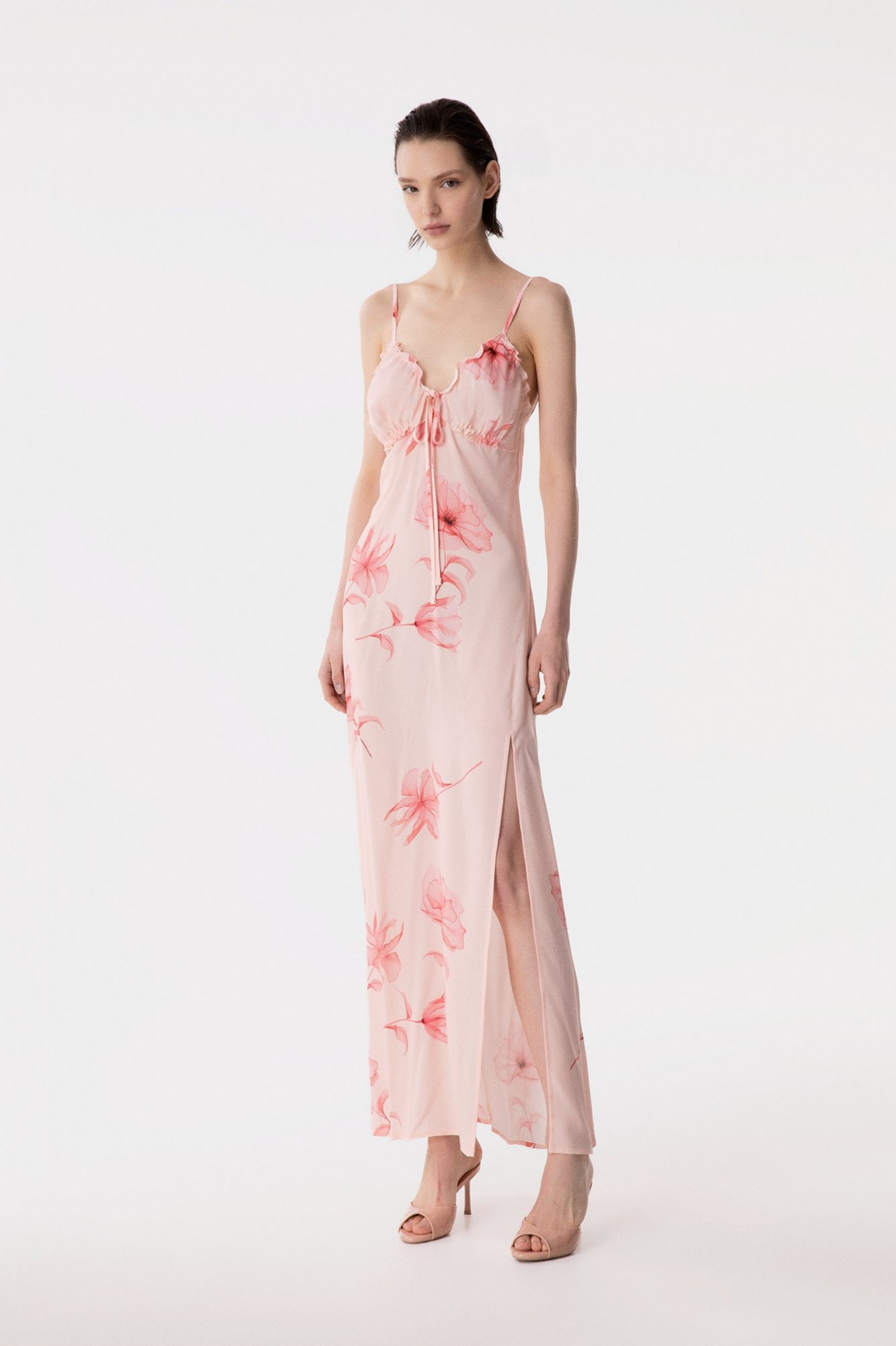 Riley - Abito Lungo Dritto In Crepe Con Arricciature Sul Seno • Lotus Pesca