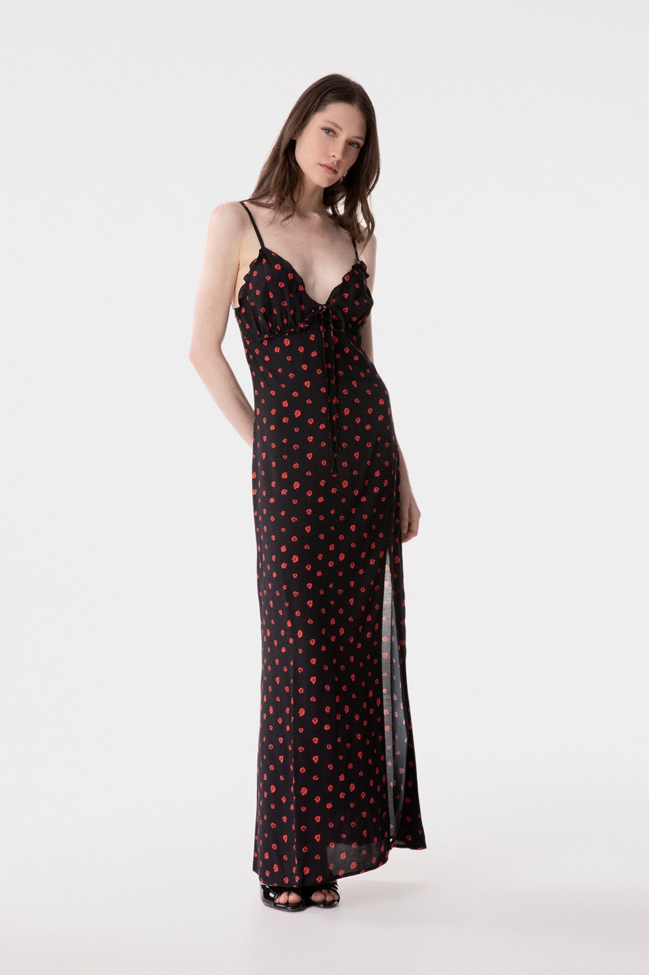 Riley - Abito Lungo Dritto In Crepe Con Arricciature Sul Seno • Rose Nero