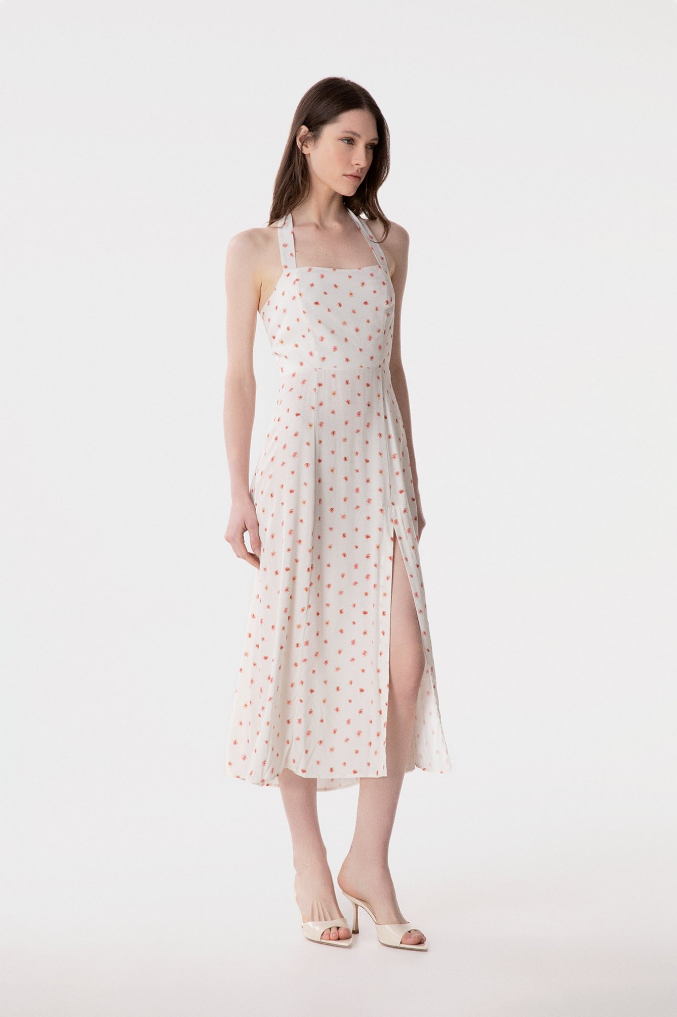 Paula - Abito Midi Con Scollo Squadrato E Spacco Laterale • Rose Ecru