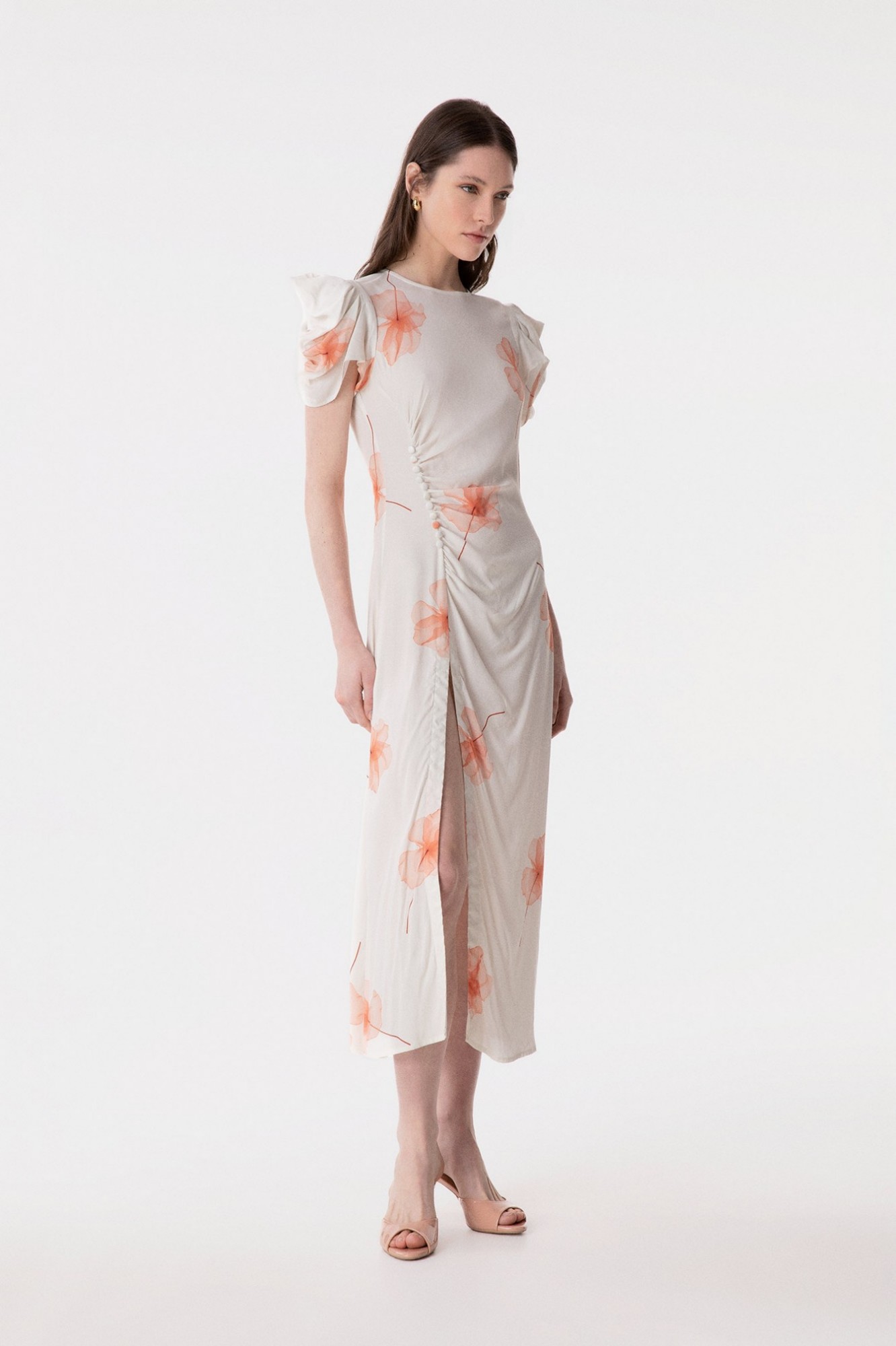 Kristel - Abito Midi Con Drappeggio E Bottoncini In Crepe Con Spacco Laterale • Lily Ecru