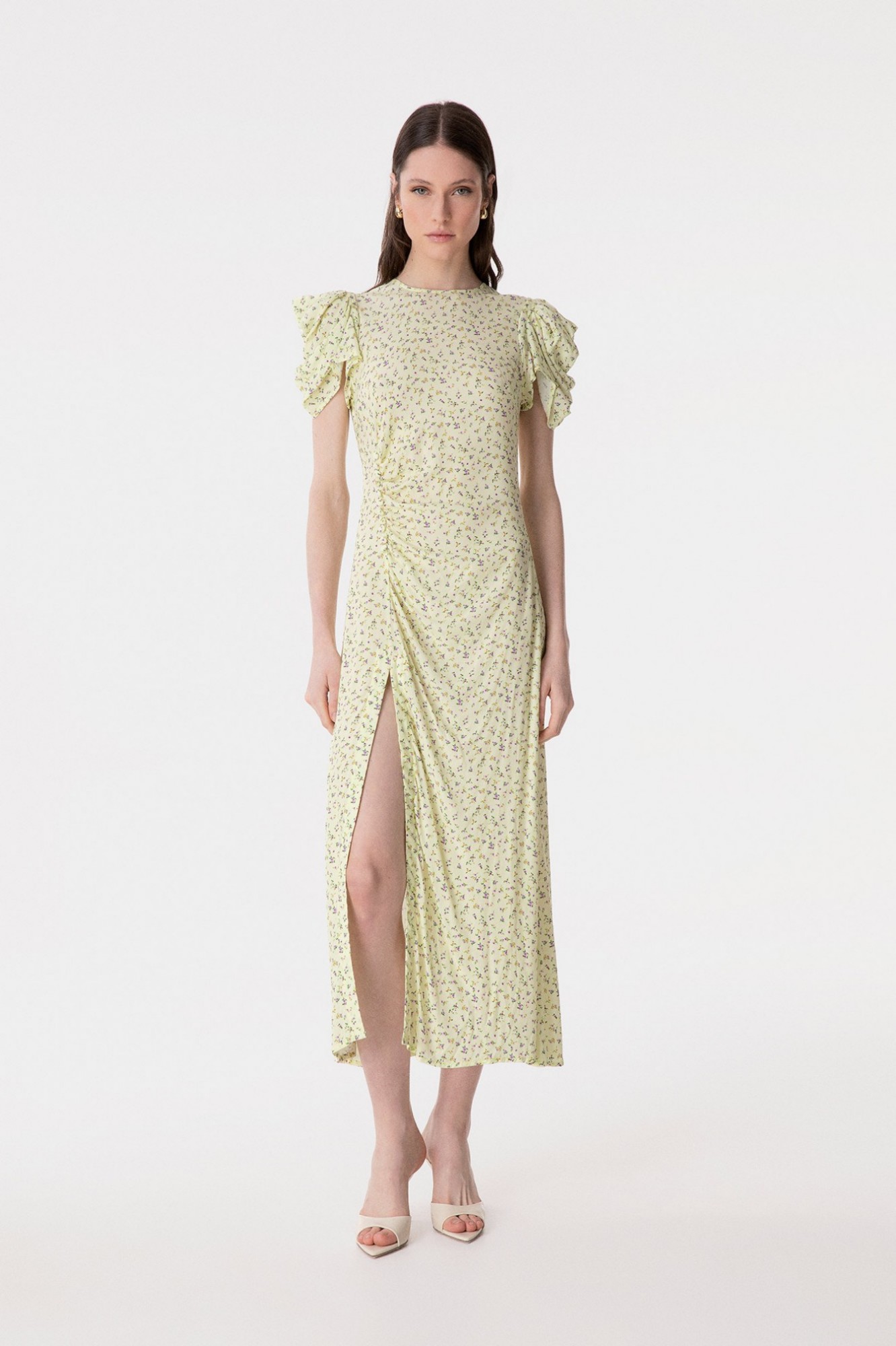 Kristel - Abito Midi Con Drappeggio E Bottoncini In Crepe Con Spacco Laterale • Jasmin Giallino