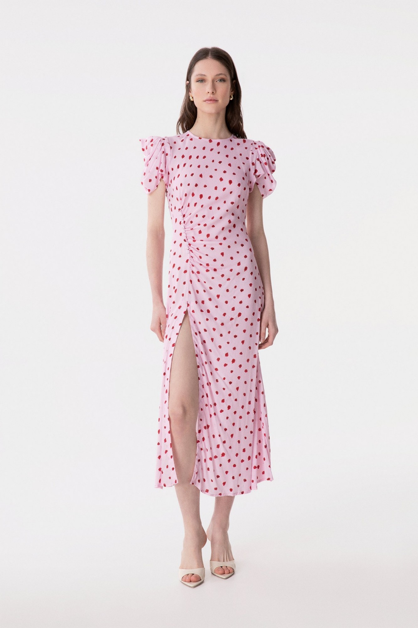 Kristel - Abito Midi Con Drappeggio E Bottoncini In Crepe Con Spacco Laterale • Rose Rosa