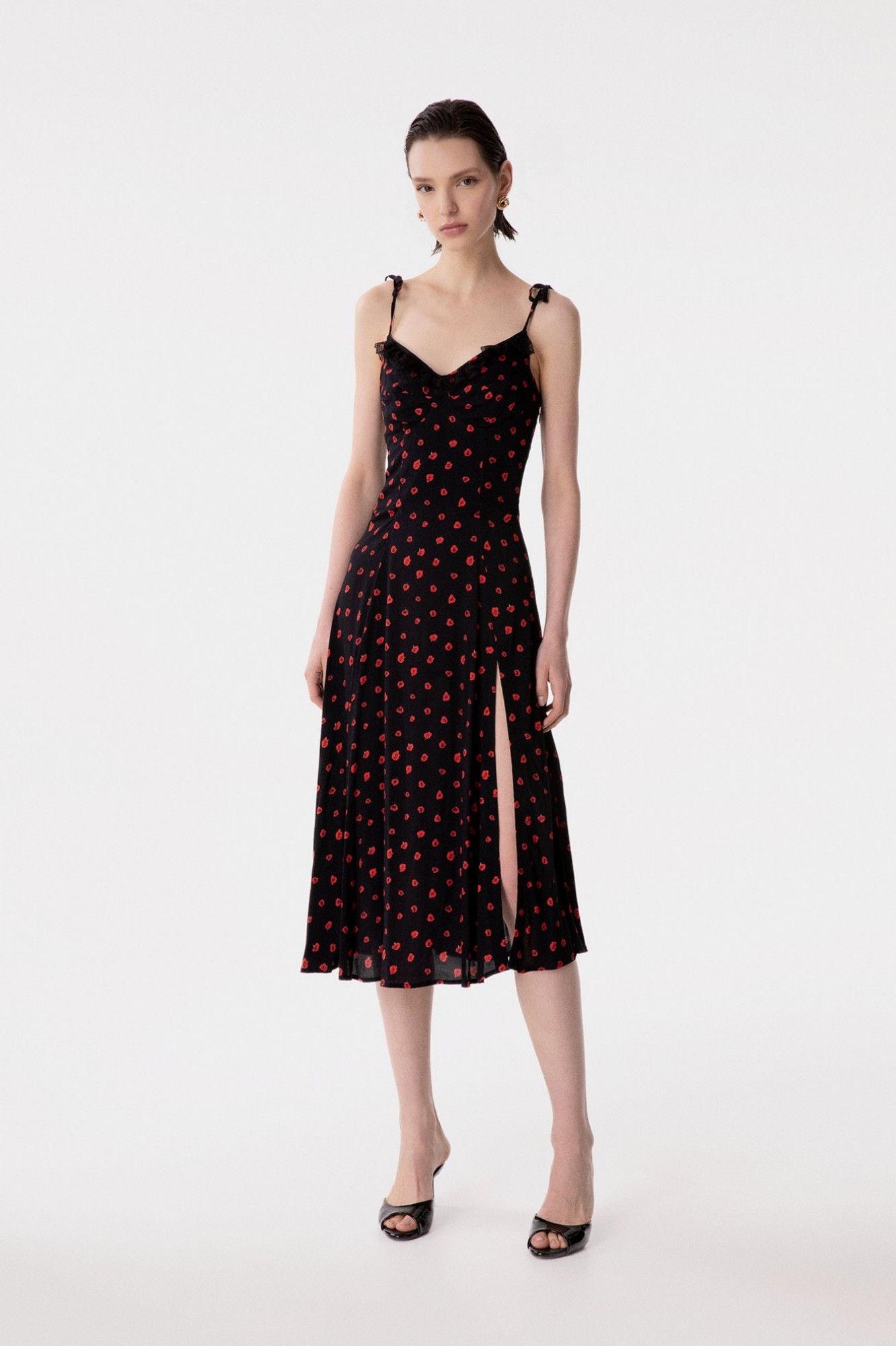 Priscilla - Abito Midi In Crepe Con Rouge Sulla Scollatura E Spacco Laterale • Rose Nero