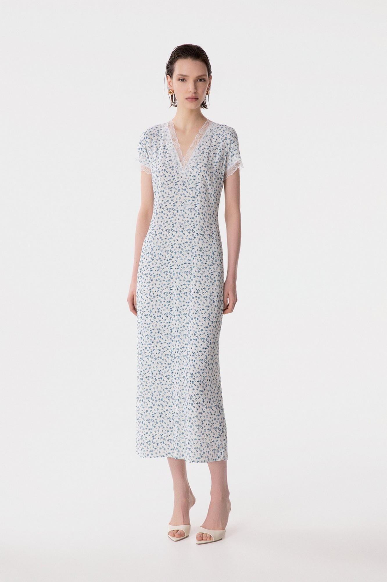 Raya - Abito Midi In Crepe Con Inserti In Pizzo • Clover Ecru