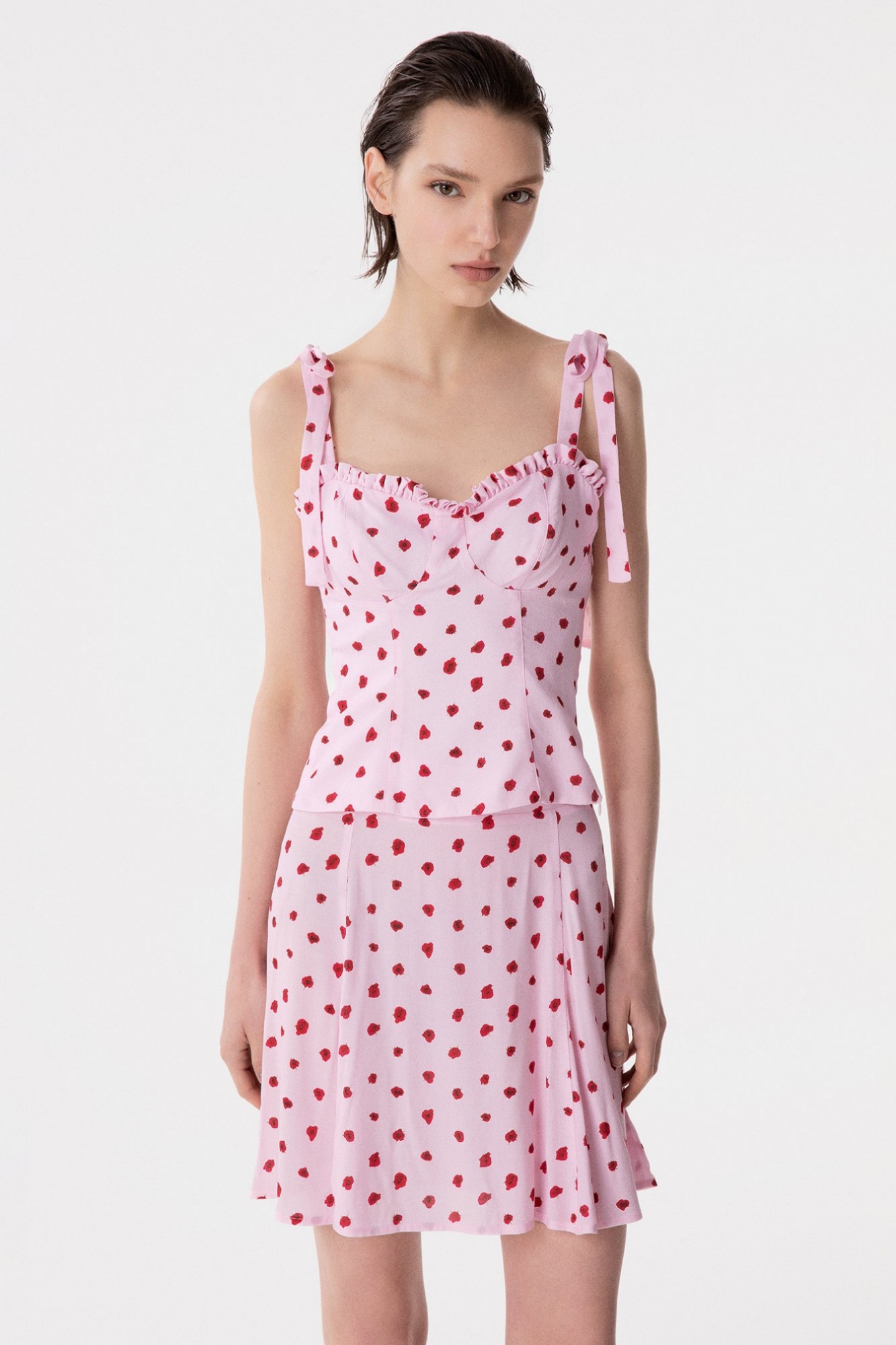 Deasy - Top In Crepe Scollo A Cuore Con Rouge E Spalline Con Fiocco • Rose Rosa