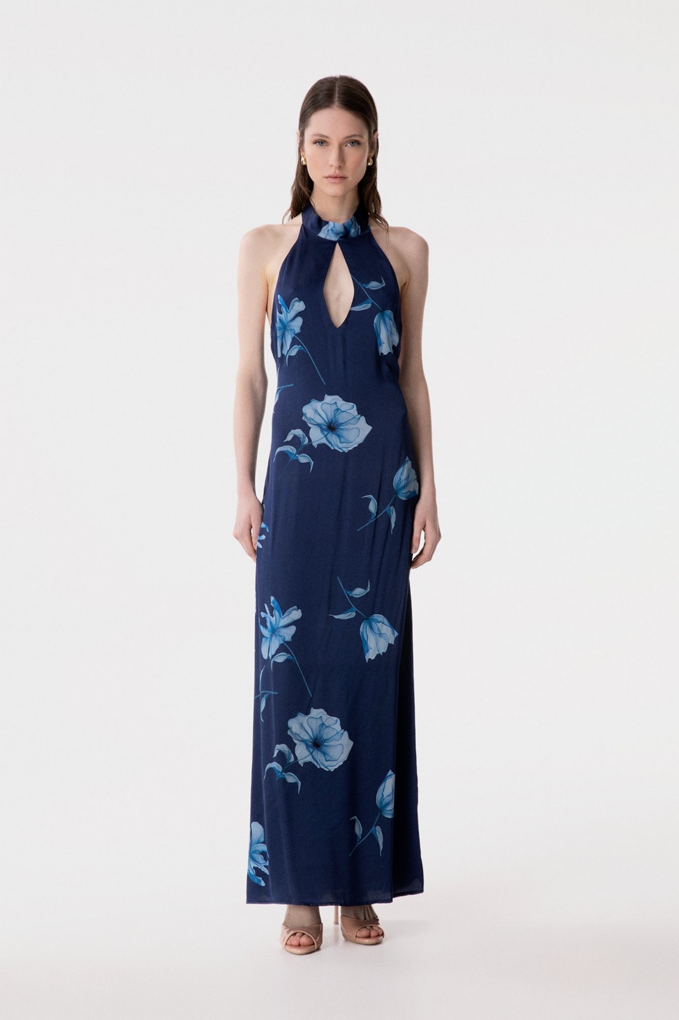 Juliette - Abito Lungo Con Foulard Al Collo E Apertura A Goccia Frontale • Lotus Blu